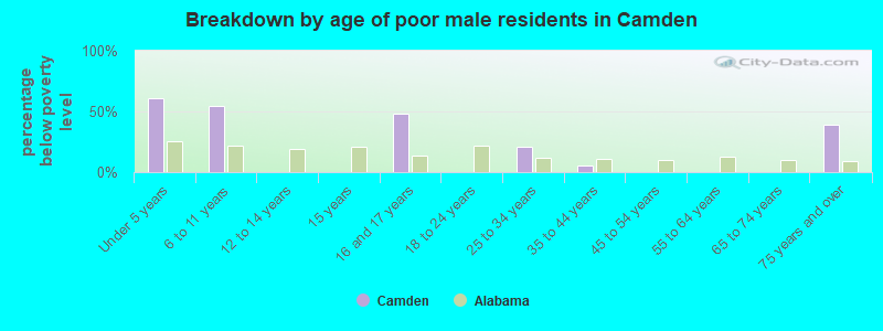 Breakdown by age of poor male residents in Camden