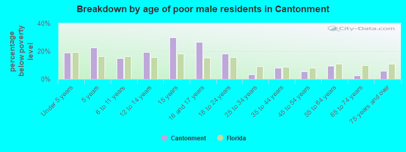 Breakdown by age of poor male residents in Cantonment