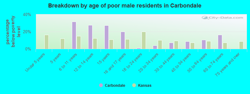 Breakdown by age of poor male residents in Carbondale