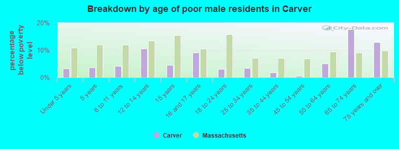 Breakdown by age of poor male residents in Carver