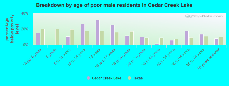Breakdown by age of poor male residents in Cedar Creek Lake