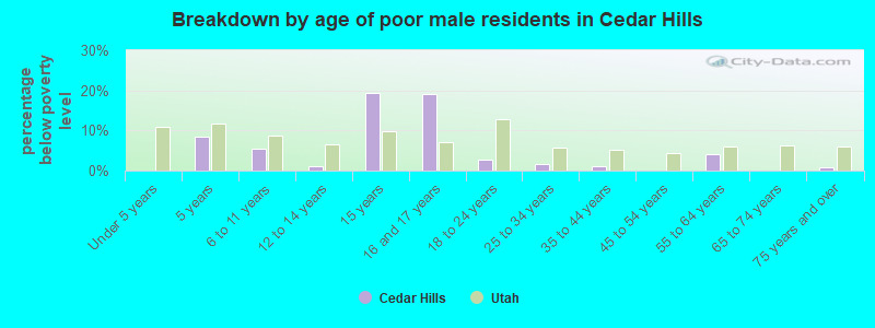 Breakdown by age of poor male residents in Cedar Hills