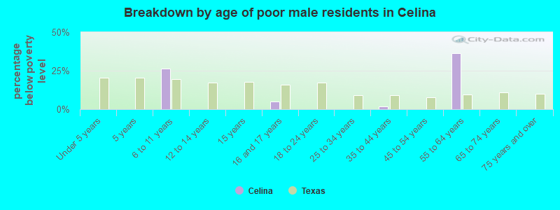 Breakdown by age of poor male residents in Celina
