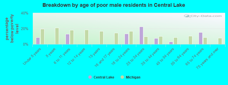 Breakdown by age of poor male residents in Central Lake