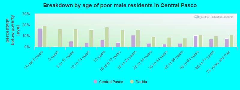Breakdown by age of poor male residents in Central Pasco