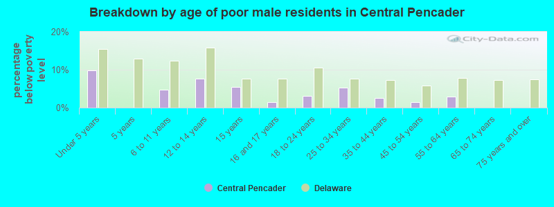 Breakdown by age of poor male residents in Central Pencader