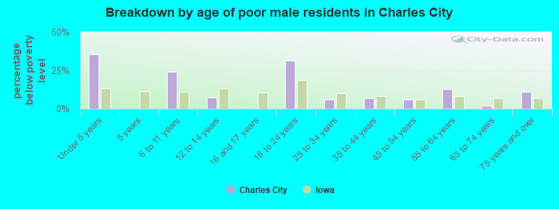 Breakdown by age of poor male residents in Charles City