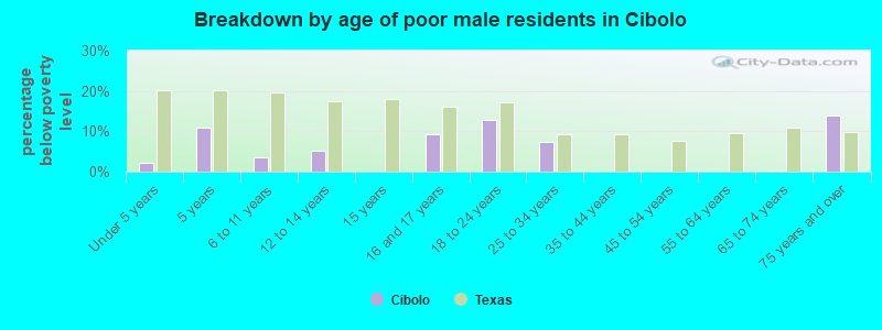 Breakdown by age of poor male residents in Cibolo