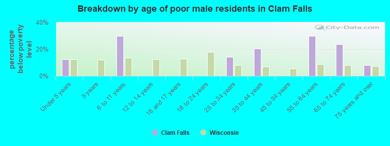 Breakdown by age of poor male residents in Clam Falls