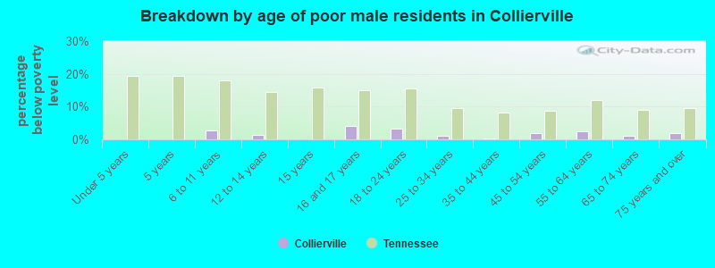 Breakdown by age of poor male residents in Collierville