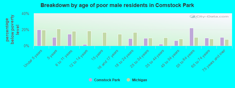 Breakdown by age of poor male residents in Comstock Park