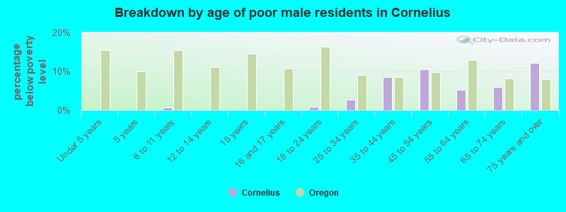 Breakdown by age of poor male residents in Cornelius