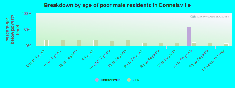 Breakdown by age of poor male residents in Donnelsville