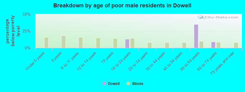 Breakdown by age of poor male residents in Dowell