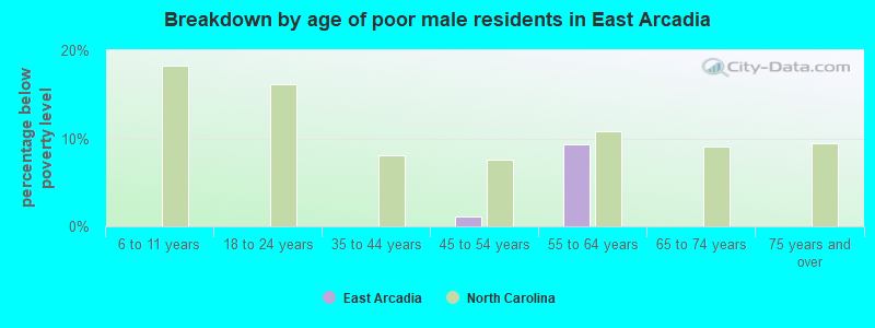 Breakdown by age of poor male residents in East Arcadia