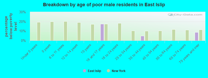 Breakdown by age of poor male residents in East Islip