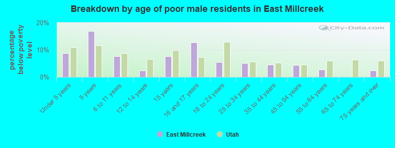 Breakdown by age of poor male residents in East Millcreek