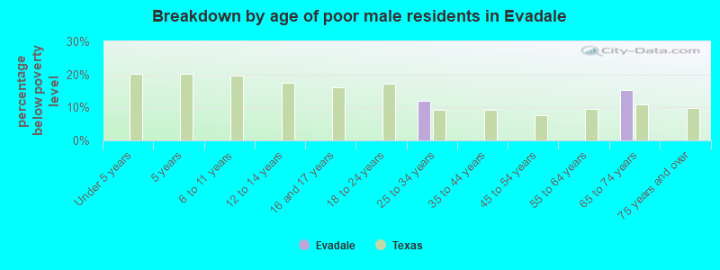 Breakdown by age of poor male residents in Evadale