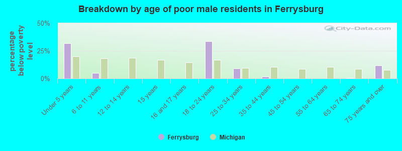Breakdown by age of poor male residents in Ferrysburg