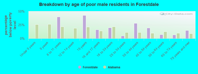 Breakdown by age of poor male residents in Forestdale