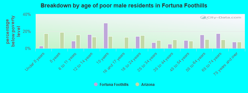 Breakdown by age of poor male residents in Fortuna Foothills