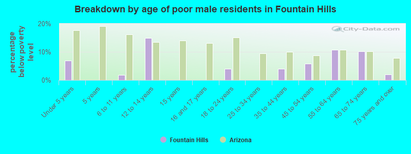 Breakdown by age of poor male residents in Fountain Hills