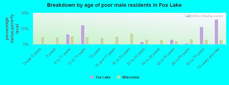 Breakdown by age of poor male residents in Fox Lake