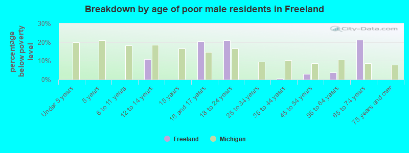 Breakdown by age of poor male residents in Freeland