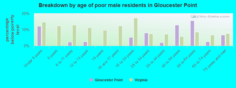Breakdown by age of poor male residents in Gloucester Point