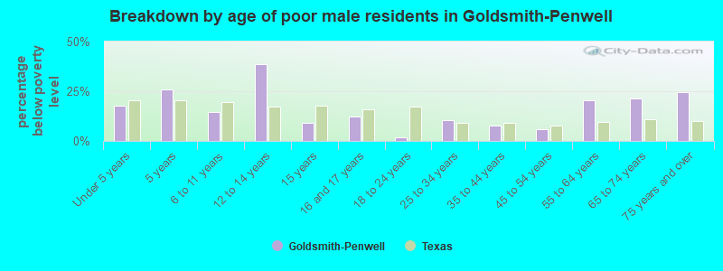 Breakdown by age of poor male residents in Goldsmith-Penwell