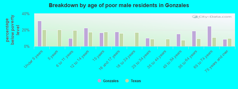 Breakdown by age of poor male residents in Gonzales