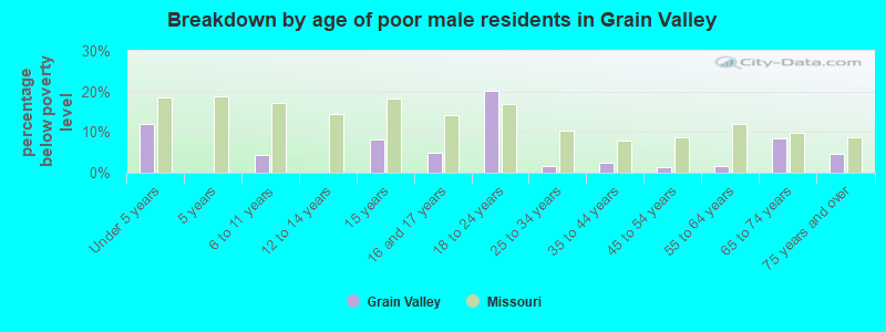 Breakdown by age of poor male residents in Grain Valley