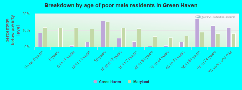 Breakdown by age of poor male residents in Green Haven