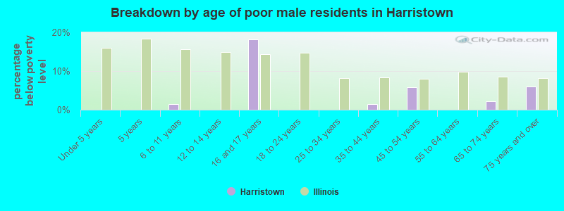 Breakdown by age of poor male residents in Harristown