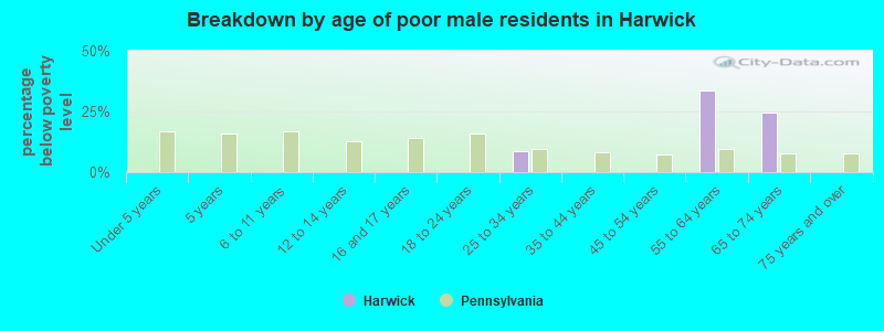 Breakdown by age of poor male residents in Harwick