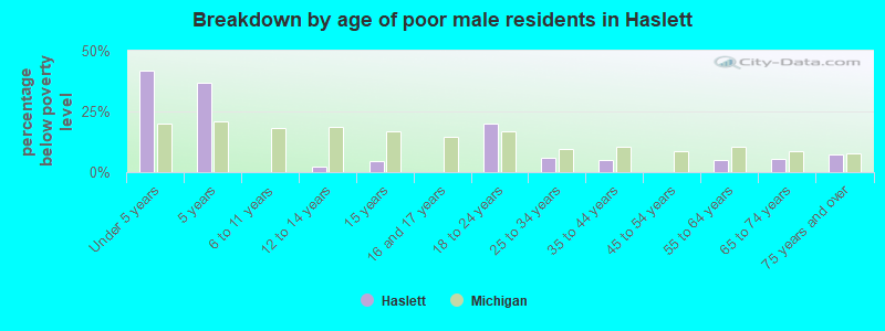 Breakdown by age of poor male residents in Haslett