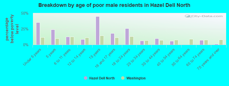 Breakdown by age of poor male residents in Hazel Dell North