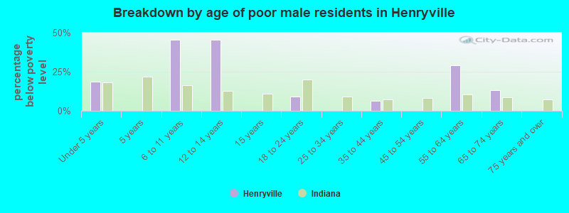 Breakdown by age of poor male residents in Henryville