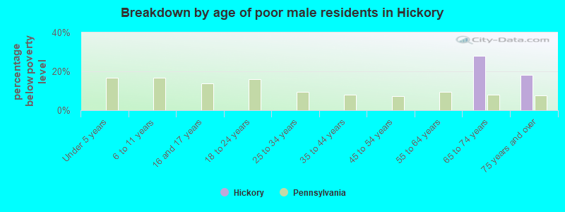 Breakdown by age of poor male residents in Hickory