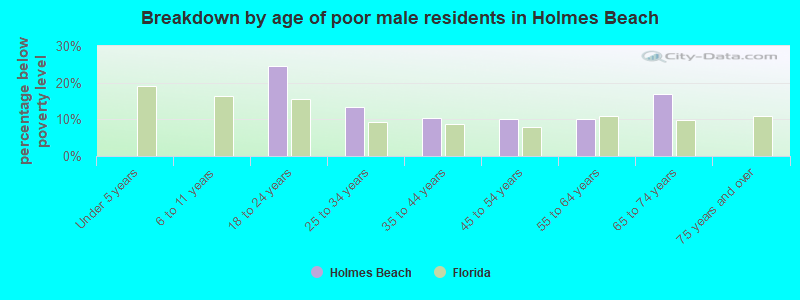 Breakdown by age of poor male residents in Holmes Beach