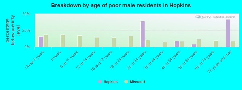Breakdown by age of poor male residents in Hopkins