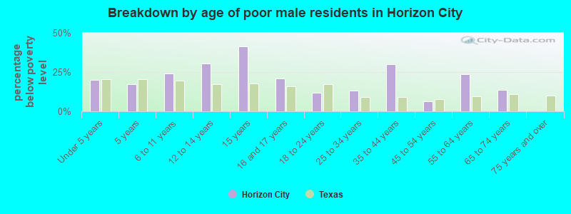 Breakdown by age of poor male residents in Horizon City