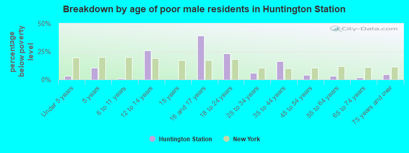 Breakdown by age of poor male residents in Huntington Station
