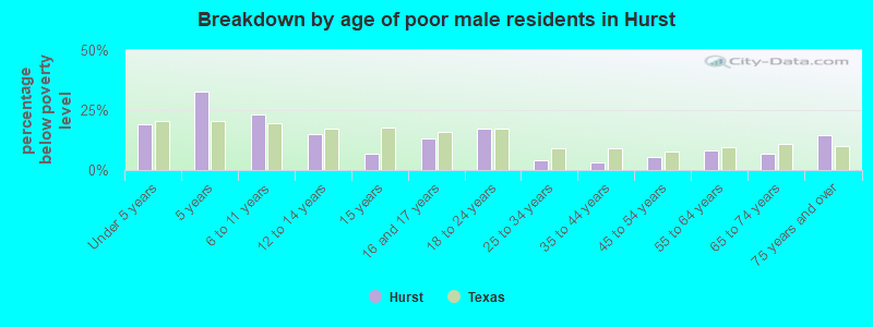 Breakdown by age of poor male residents in Hurst