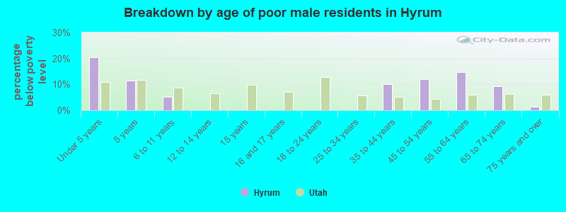 Breakdown by age of poor male residents in Hyrum