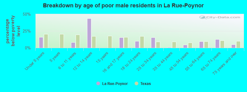 Breakdown by age of poor male residents in La Rue-Poynor