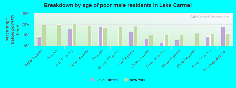 Breakdown by age of poor male residents in Lake Carmel