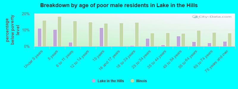 Breakdown by age of poor male residents in Lake in the Hills