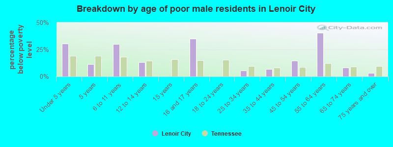 Breakdown by age of poor male residents in Lenoir City