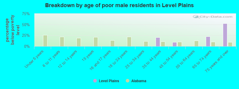 Breakdown by age of poor male residents in Level Plains